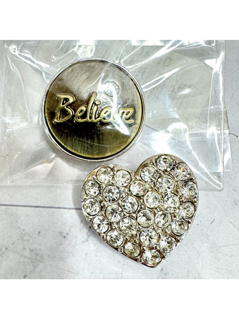 Lot of 2 Magnolia and Vine Snap Button Charms Pave Heart Believe 18mm One NEW